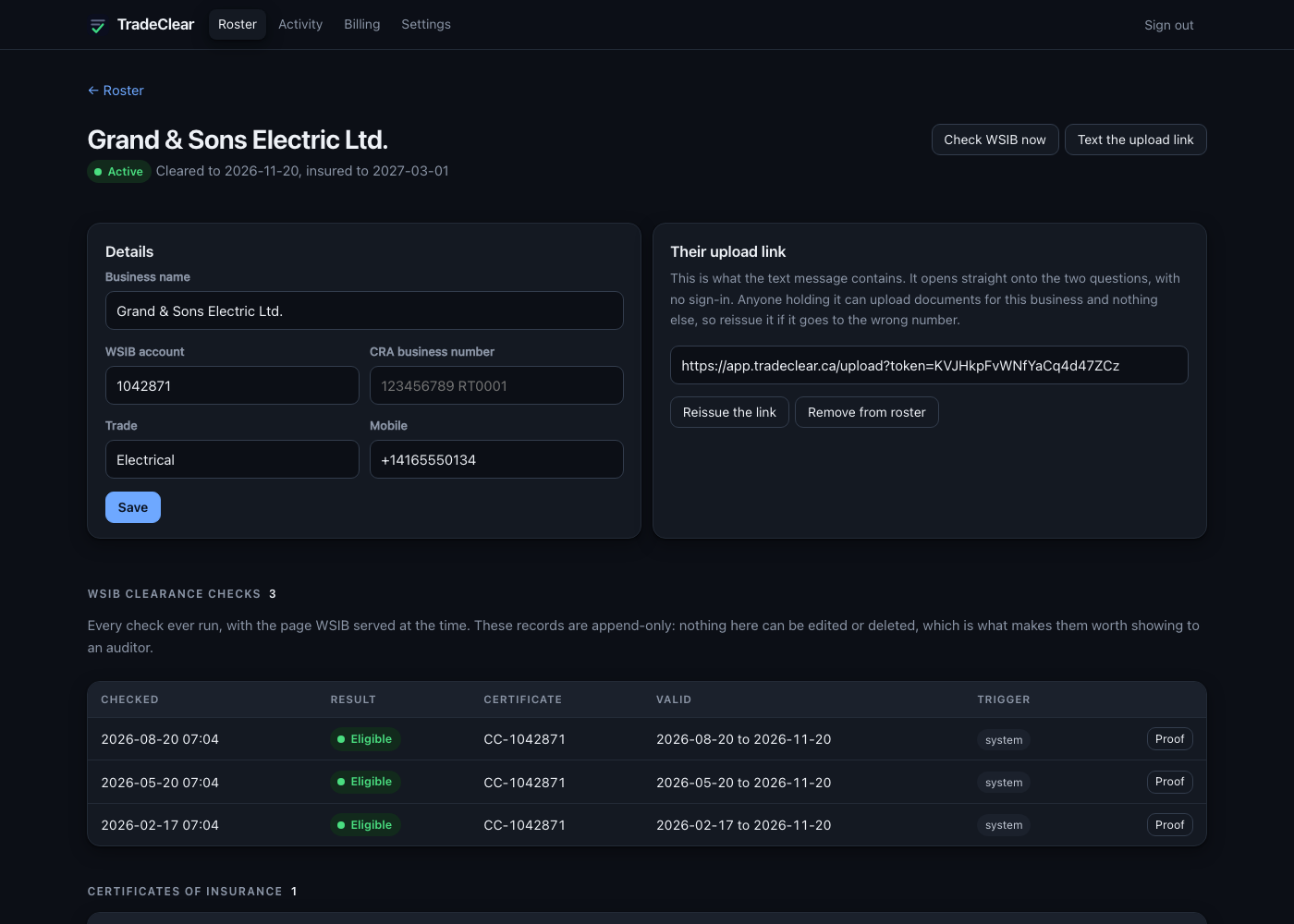 One trade contractor, showing every WSIB clearance check ever run with a link to the stored proof