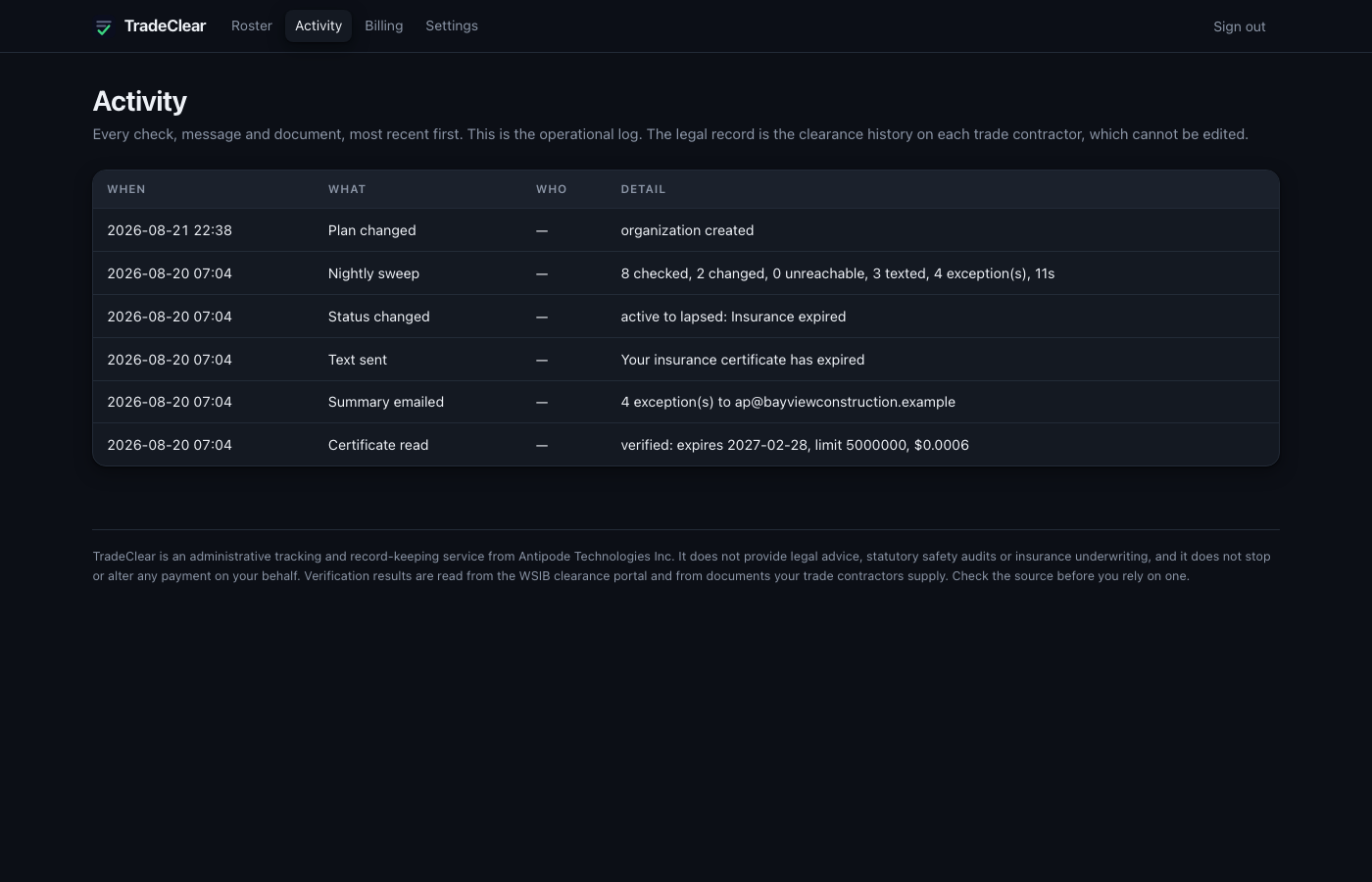 The activity log, listing checks, texts and document uploads in order